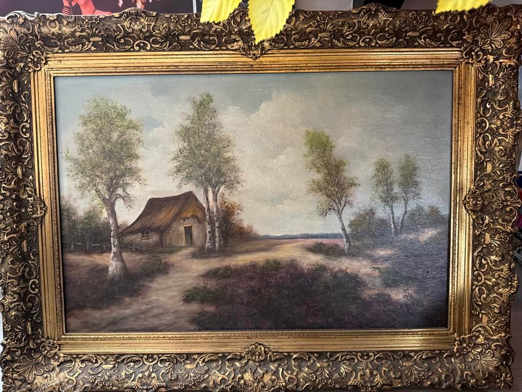Oud Hollands Landschap Schilderij met Boerderij en Heide, Antiek en Kunst, Kunst | Schilderijen | Klassiek, Ophalen of Verzenden