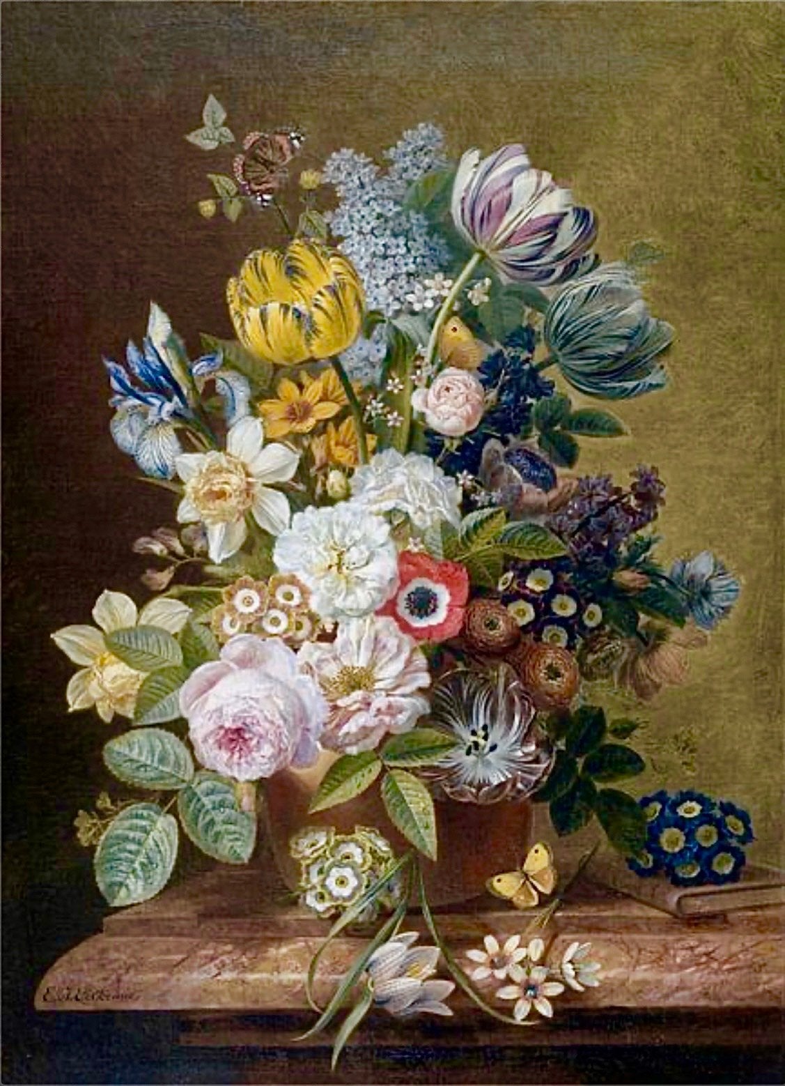 Bloemstilleven met vlinders op canvas 70 x 100cm, Ophalen, Kunststof, Zo goed als nieuw, 75 cm of meer