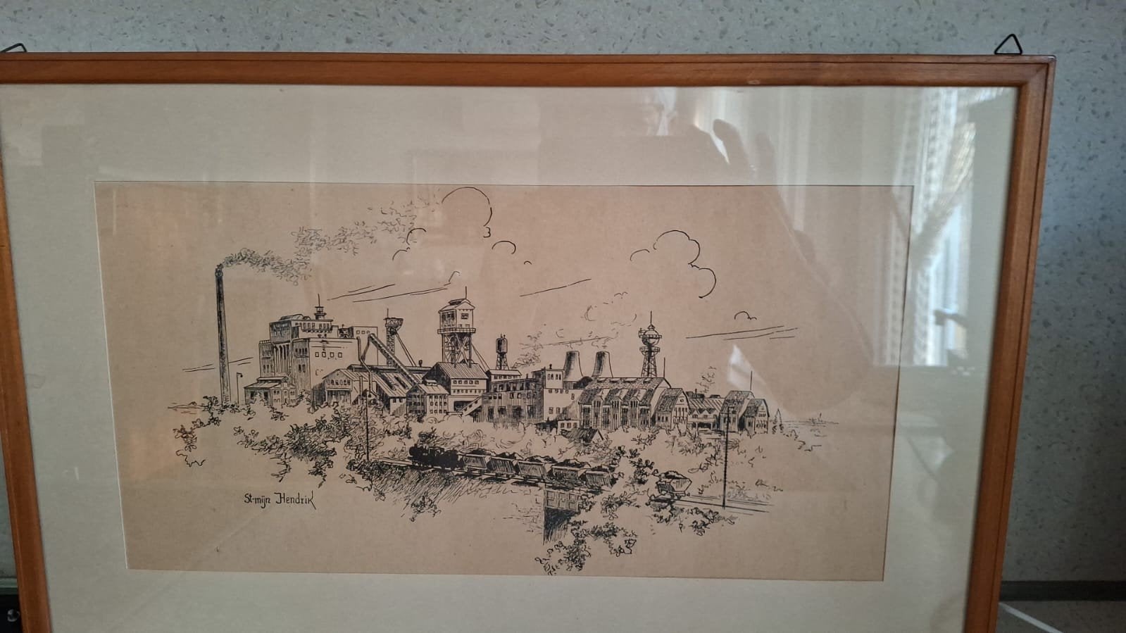 2 ingelijste tekeningen van een mijnlandschap, ca. 40x30 cm, Ophalen of Verzenden