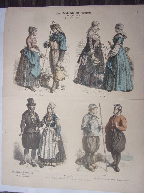 Centsprent Klederdracht Scheveningen Marken Friesland Münch, 34 cm, 1800 - 1899, 43 cm, Ophalen of Verzenden