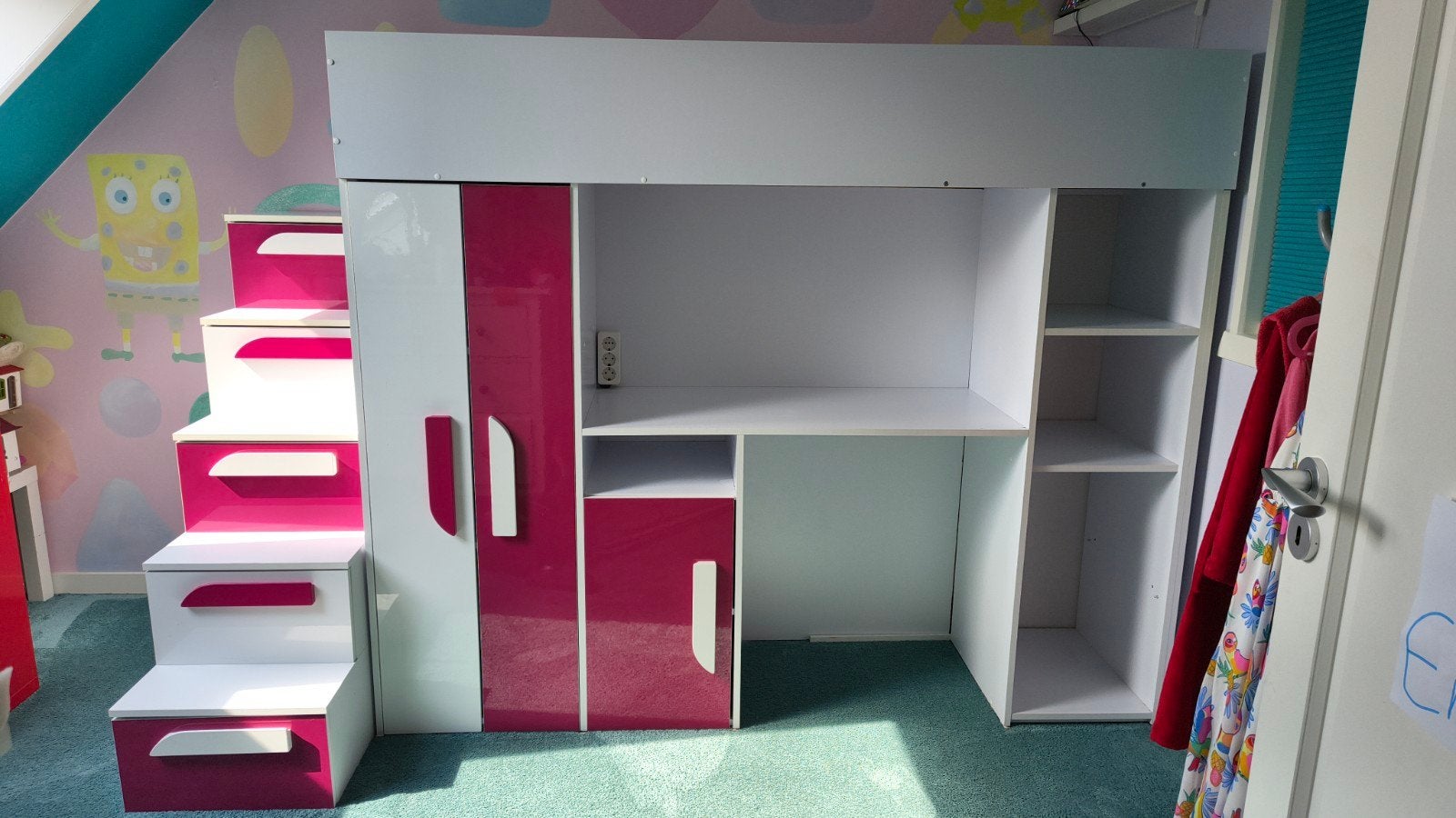 Hoogslaper met bureau, en heeeel veel opbergruimte- Roze/Wit, Ophalen, 85 tot 100 cm, Zo goed als nieuw, Hoogslaper of Stapelbed