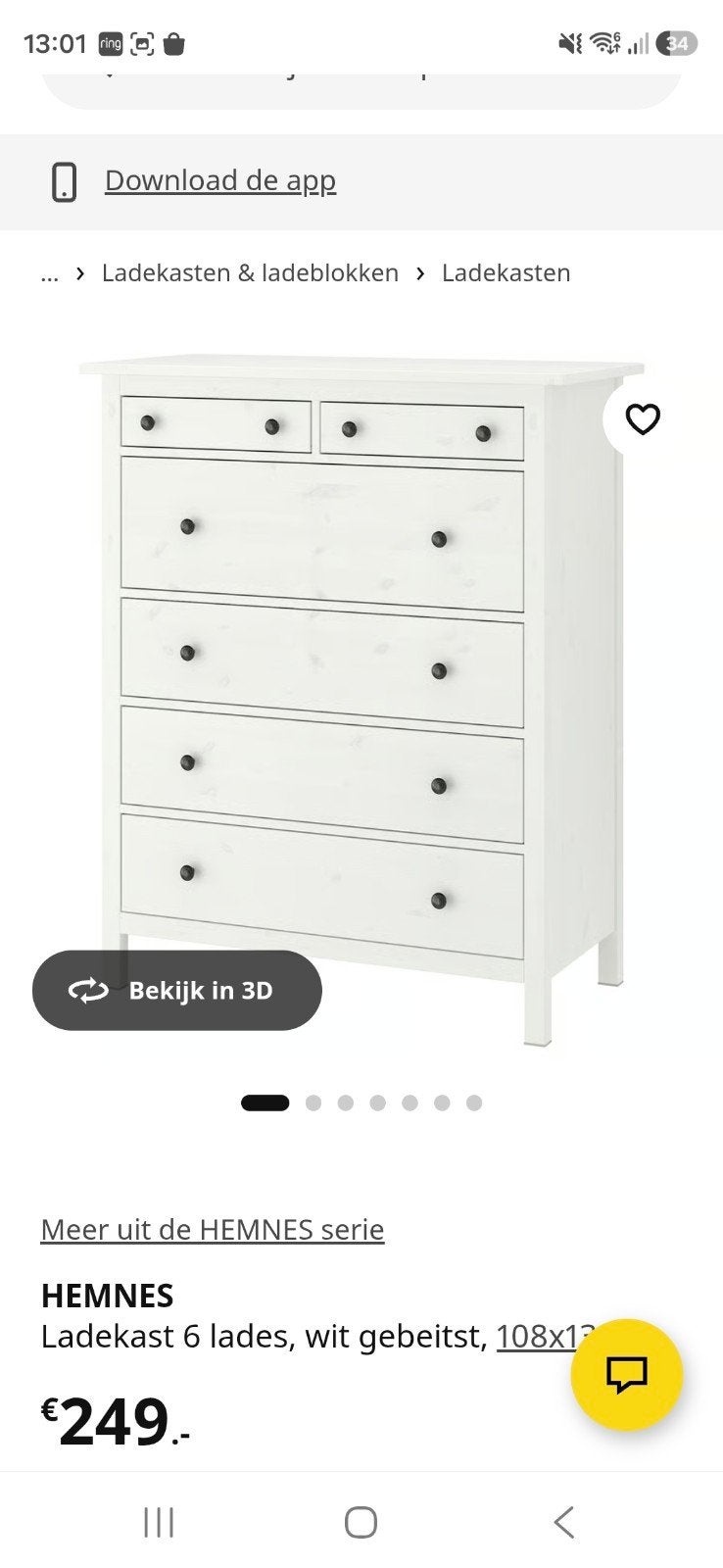 ikea Hemnes Ladekast, Huis en Inrichting, Kasten | Ladekasten, Ophalen, Gebruikt, 5 laden of meer, Minder dan 100 cm