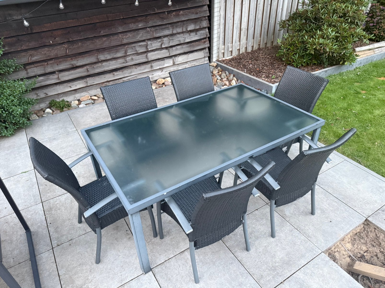 Tuintafel met 6 stoelen – Aluminium & glazen blad, Ophalen, Zo goed als nieuw, Aluminium
