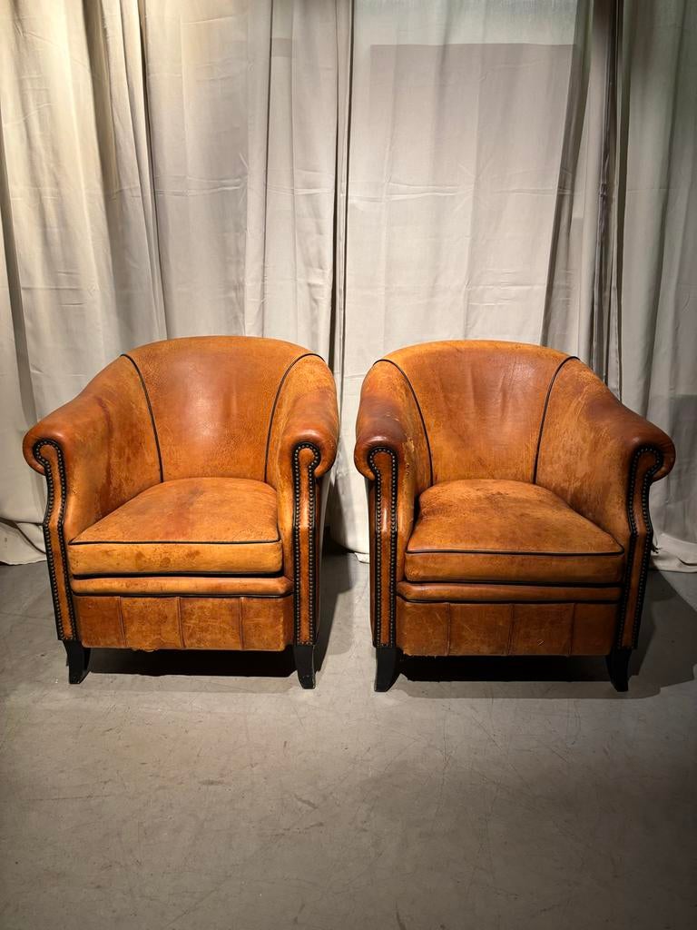 Set Vintage Stoere Schapenleren Clubfauteuils, Gebruikt, Stoer Industrieel, 50 tot 75 cm, Leer