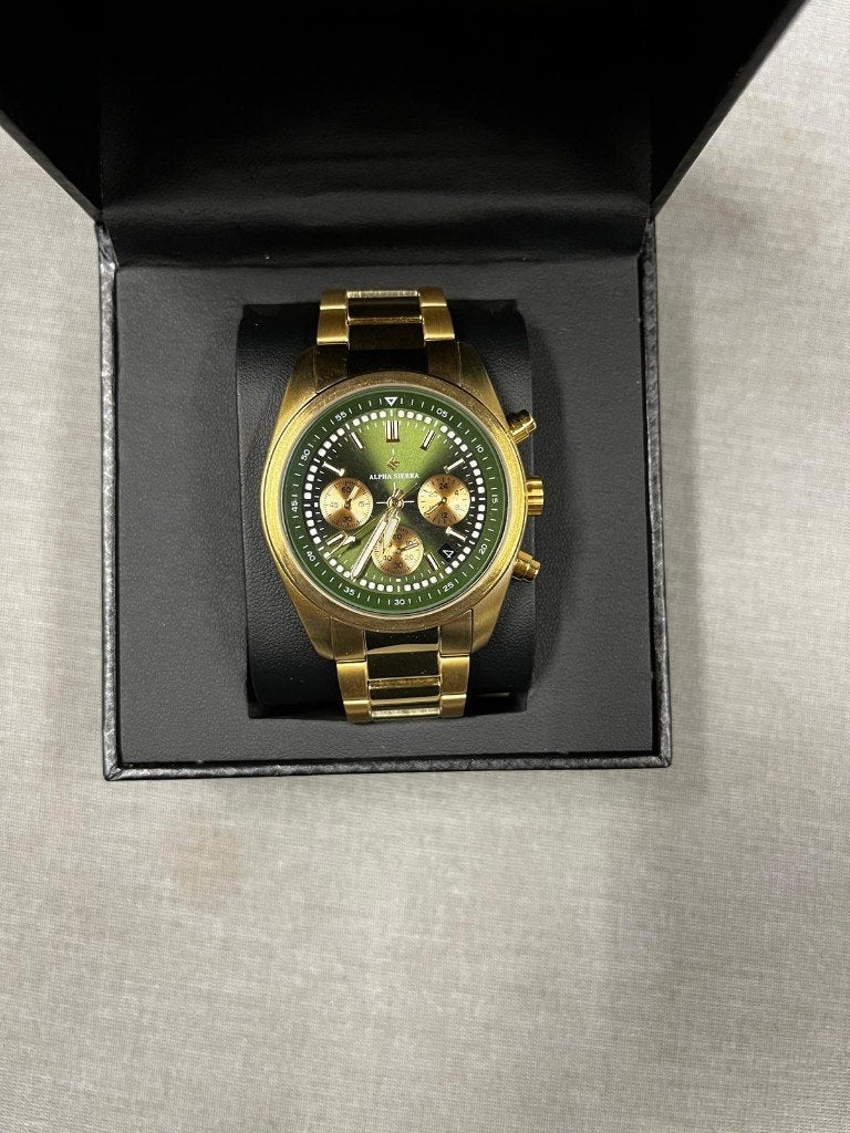 Alpha Sierra Reaper horloge Goudkleurig & groene wijzerplaat, Overige merken, Overige materialen, Polshorloge, Overige materialen