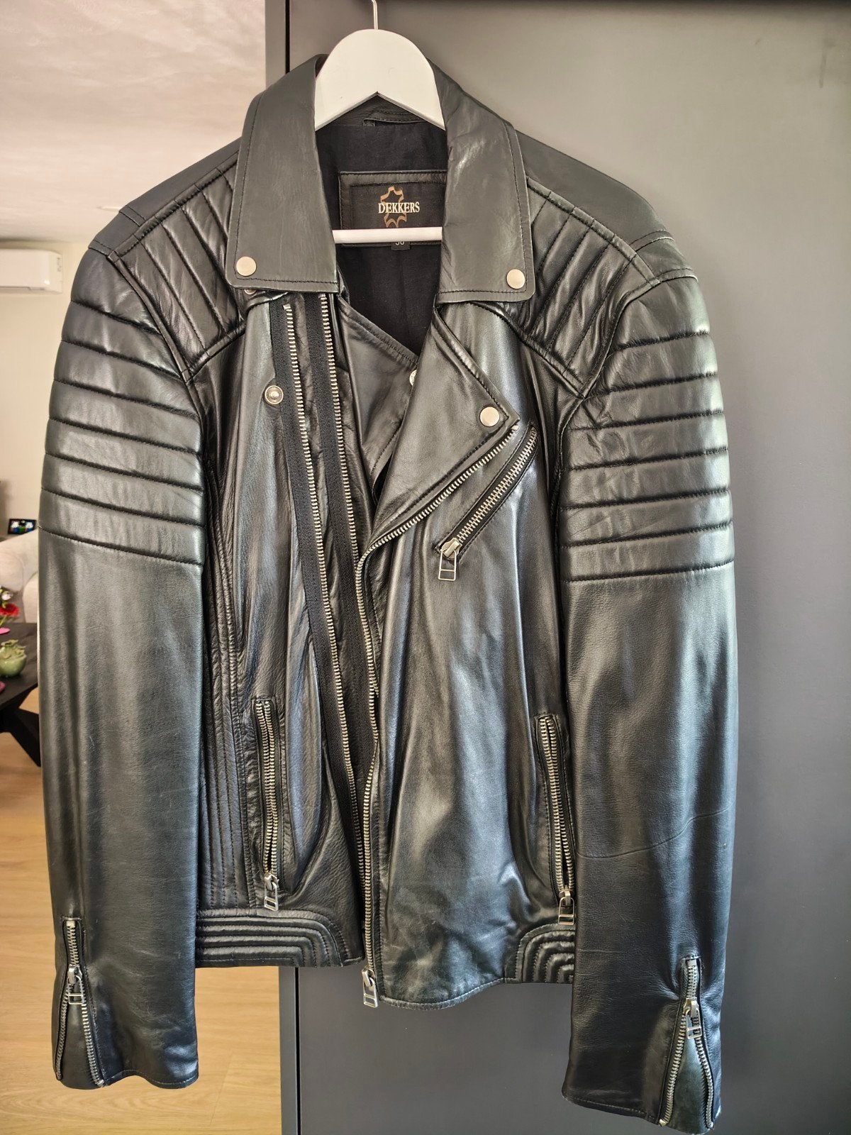 Supernette zwart leren bikerjas maat 58 merk Dekkers, Ophalen, Zo goed als nieuw, Maat 56/58 (XL), Zwart