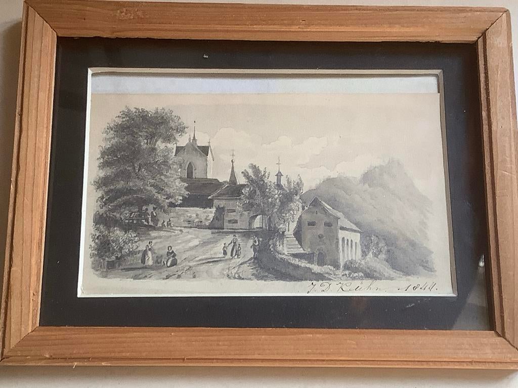 Landschapstekening gesigneerd J.D. Kühn, gedateerd 1844, Antiek en Kunst, Verzenden