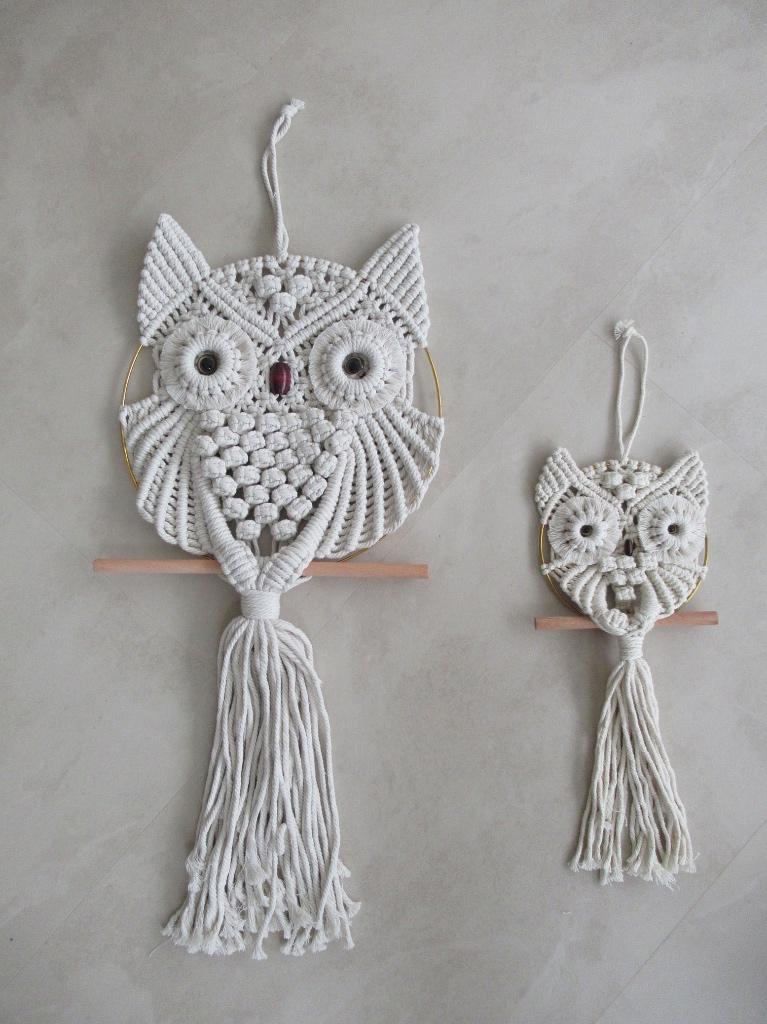 2 Handgeknoopt macramé uilen wandkleden, Beige, Verzenden, Zo goed als nieuw, Natuurlijk materiaal