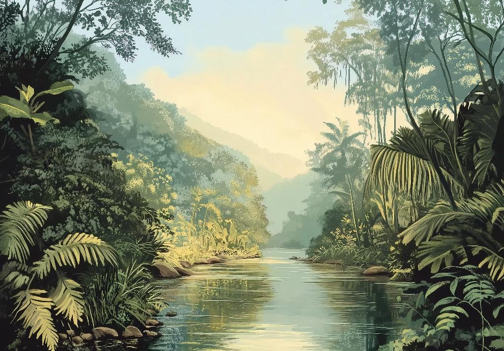 Jungle landschap fotobehang River, ook op maat, Muurdeco, Verzenden