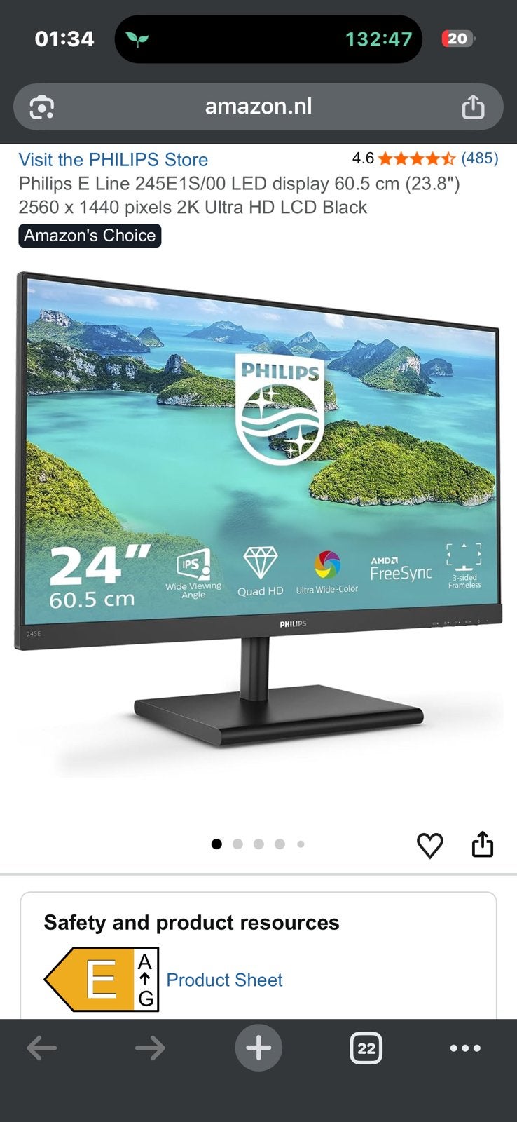 Philips 245E1 24” QHD IPS Monitor (2K, No Dead Pixels), Ophalen, HDMI, Zo goed als nieuw, 61 t/m 100 Hz