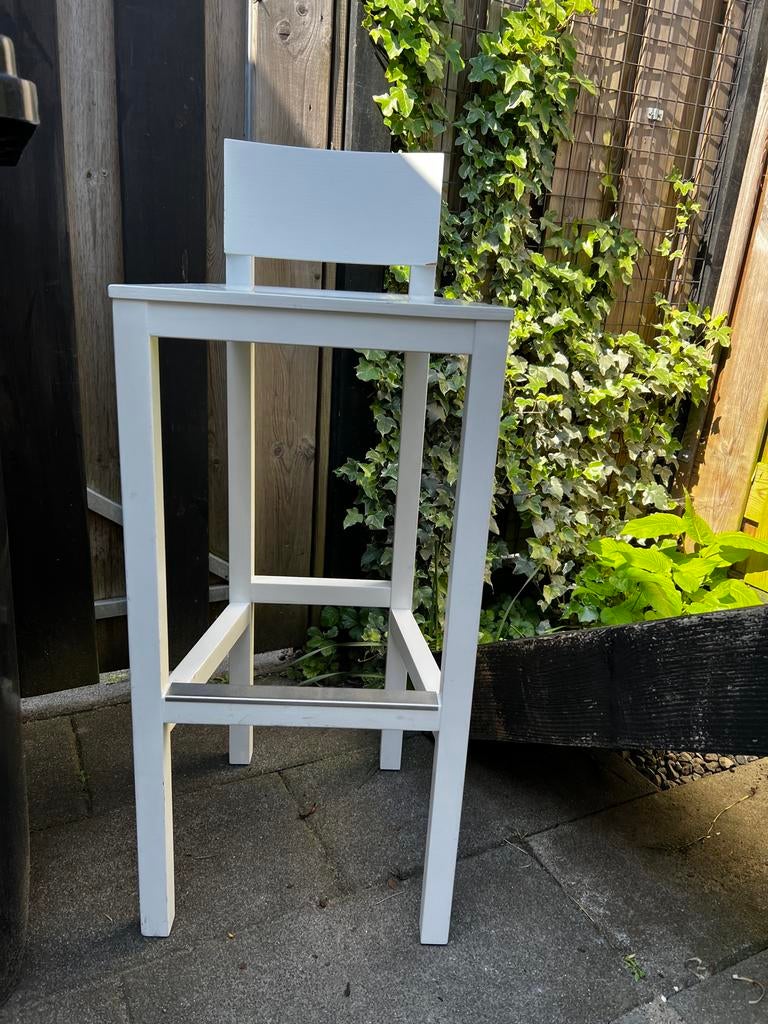 6x Witte houten barkruk met rugleuning Moooi/Lensvelt, Ophalen, Met voetsteun, 90 cm of meer, Hout