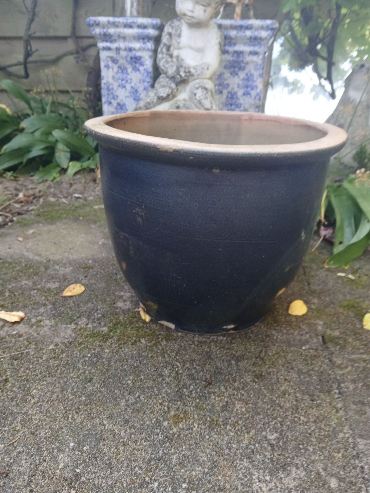 Blauwe aardewerk buitenpot, Tuin en Terras, Bloembakken en Plantenbakken, Steen, Gebruikt, Minder dan 30 cm, Rond