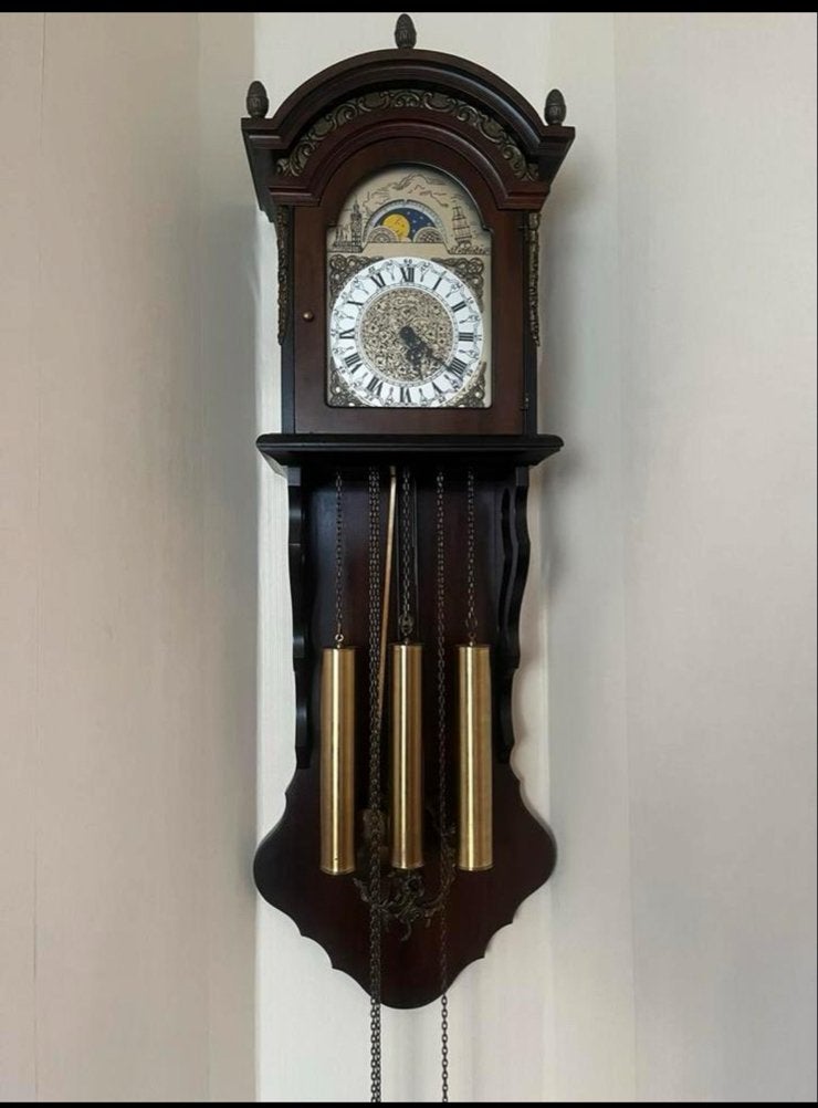 Antieke wandklok met maanfase en gewichten, Antiek en Kunst, Ophalen of Verzenden