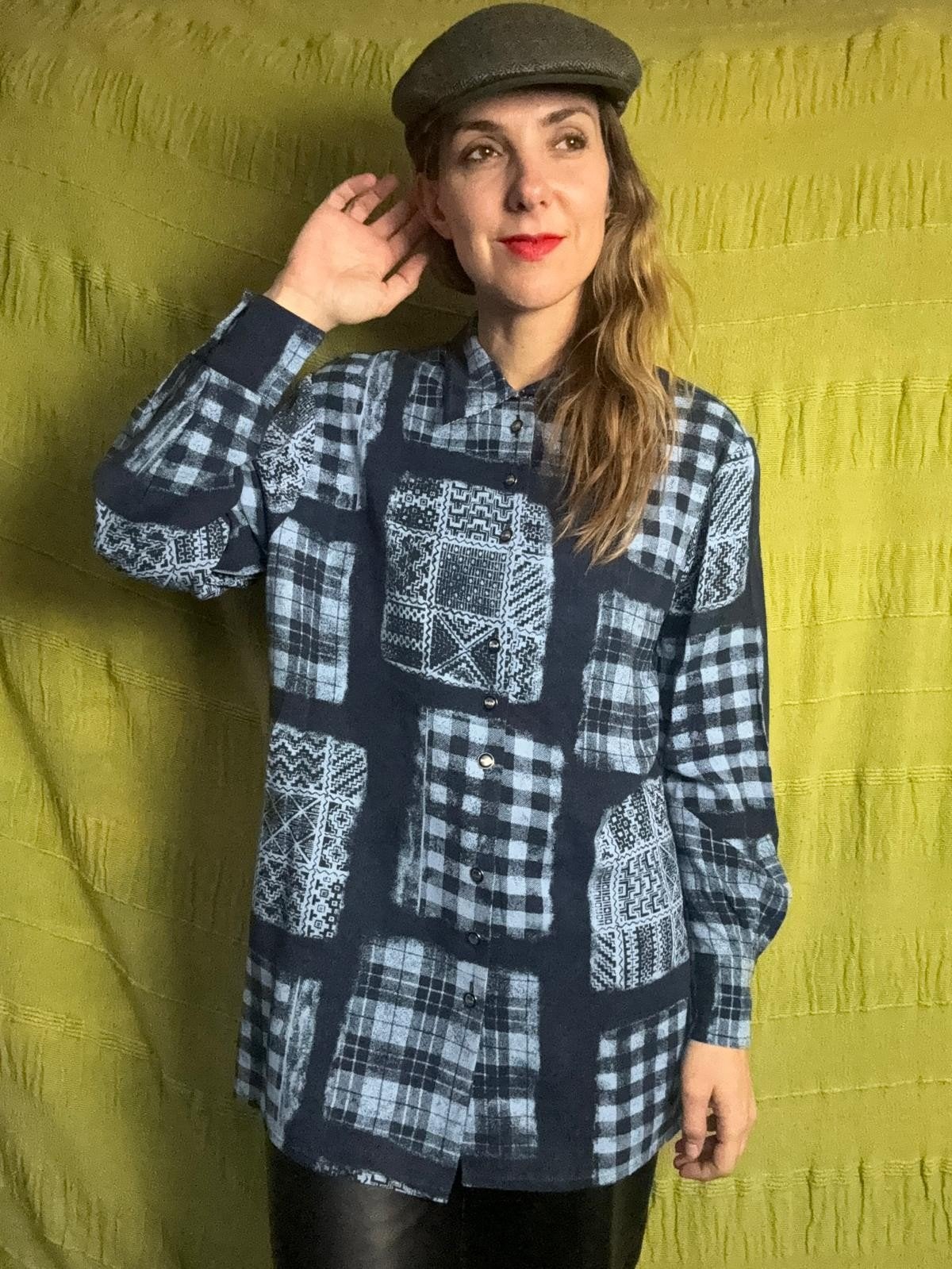Vintage blouse, maat 40/L - blauw - patroon - 90's, Maat 38/40 (M), Blauw, Onbekend, Ophalen of Verzenden