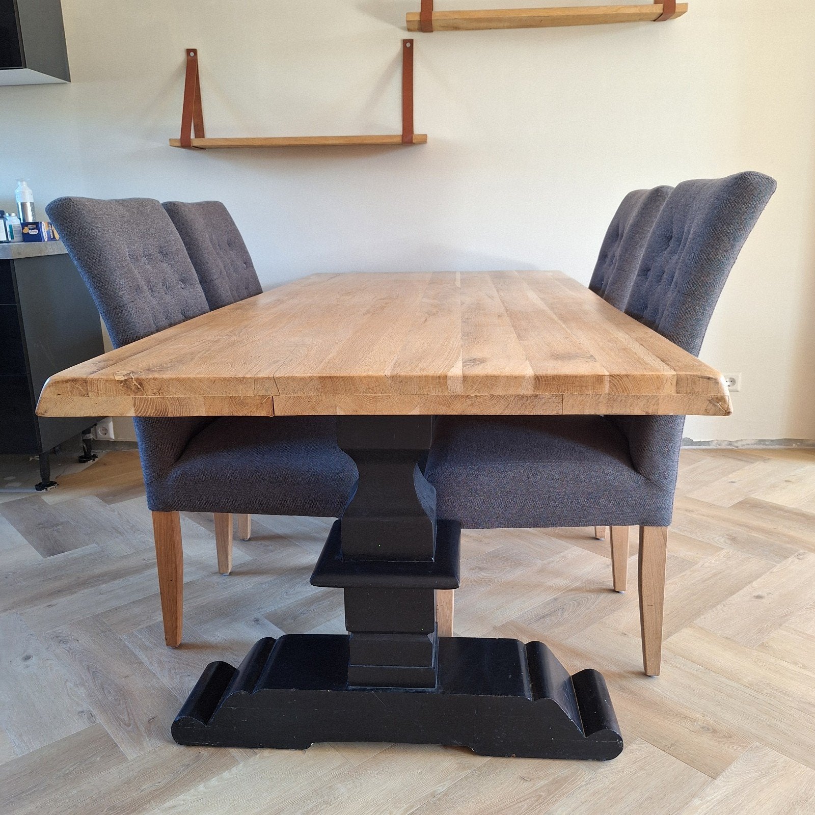 Eikenhouten eettafel / kloostertafel met 6 stoelen landelijk, Ophalen, 50 tot 100 cm, Zo goed als nieuw, Vijf personen of meer