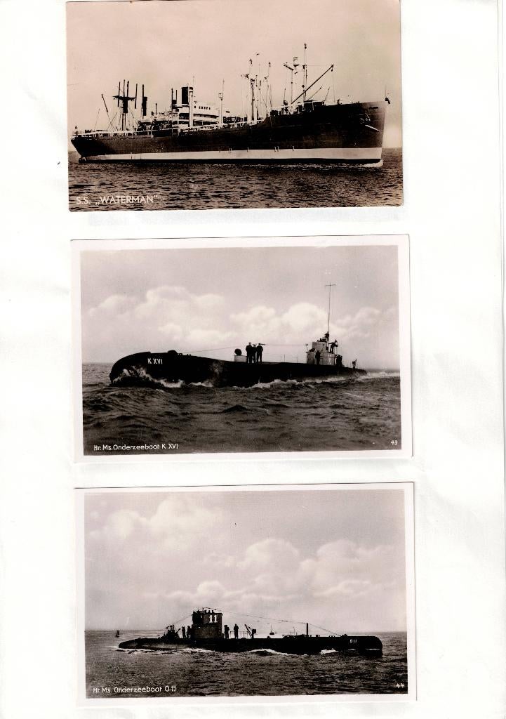 Drie ansichtkaarten van marineschepen en 1 koopvaardijschip, Ophalen of Verzenden, Marine, Nederland, Foto of Poster