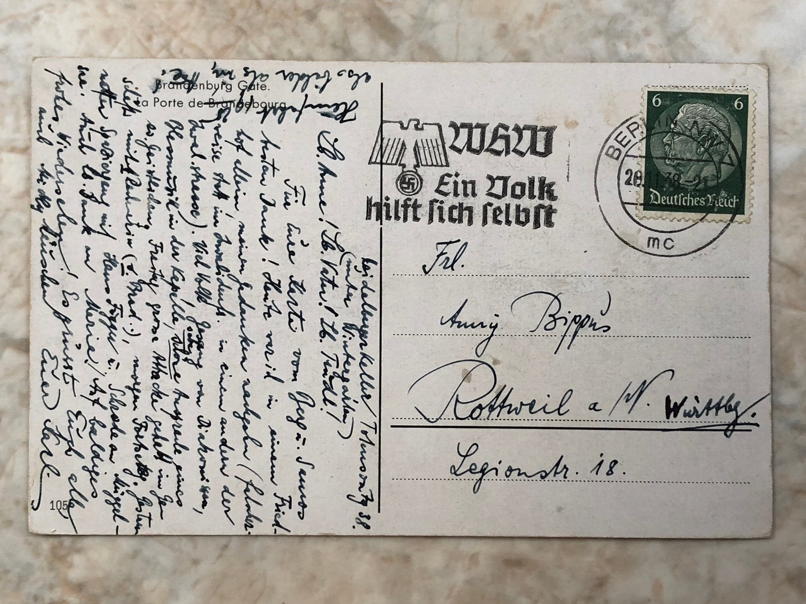 Postkaart, gestempeld Berlin 28.11.38., Ophalen of Verzenden, Briefkaart