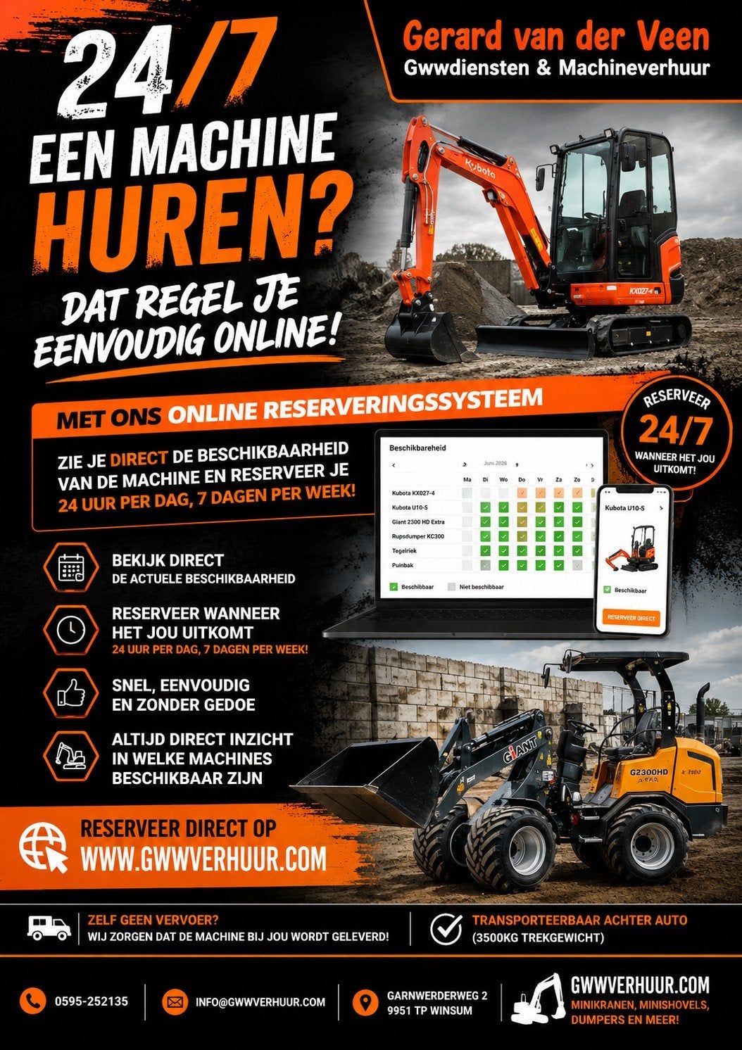Minikraan, Minishovel, dumper oid huren 24/7 online huren, Ophalen of Verzenden, Graafmachine