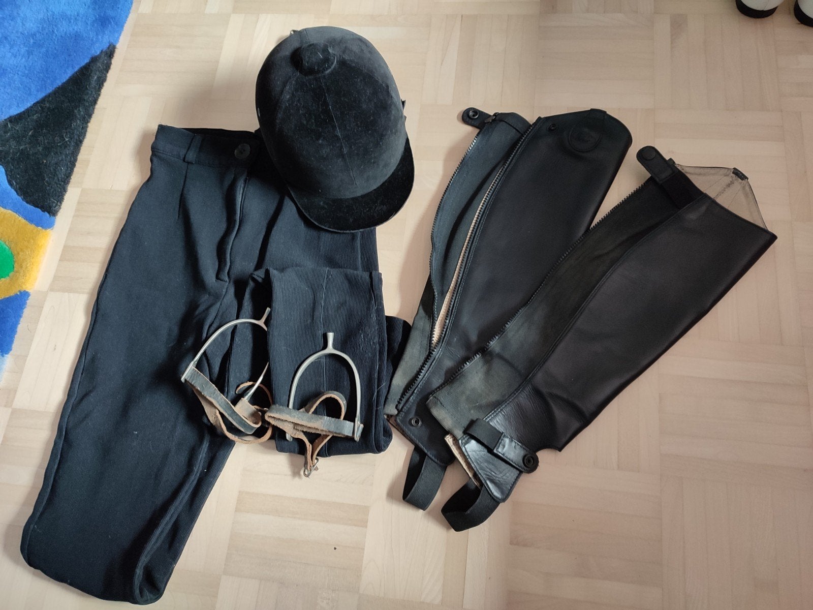 Paardrijkleding: ruitercap, broek, chaps, Gebruikt, Ritssluiting, Ophalen of Verzenden, Zwart