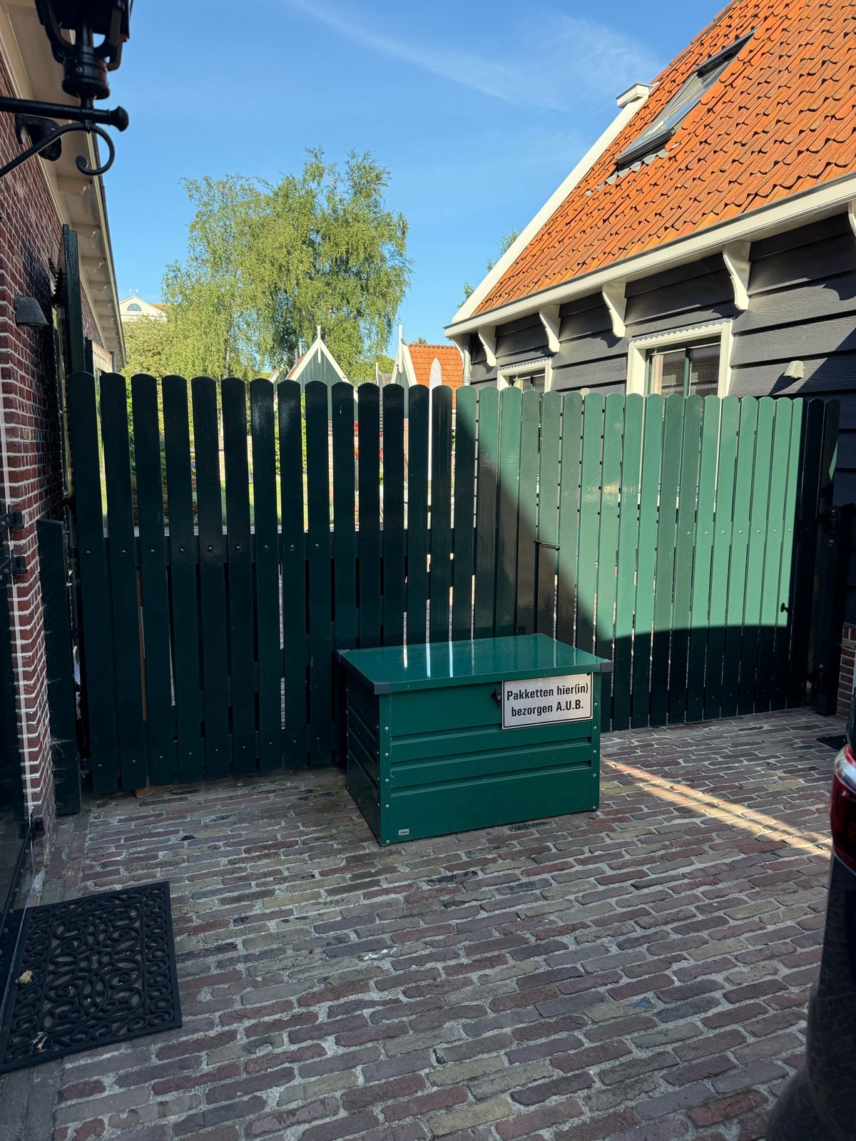 Gratis! Groen houten hekwerk met poort (410x175 cm), Ophalen, Met poort, Gebruikt, Tuinhek