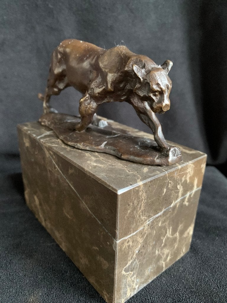 Panter op natuurstenen sokkel, brons, Antiek en Kunst, Kunst | Beelden en Houtsnijwerken, Beeld, Brons, Gemerkt, Handgemaakt, Op sokkel