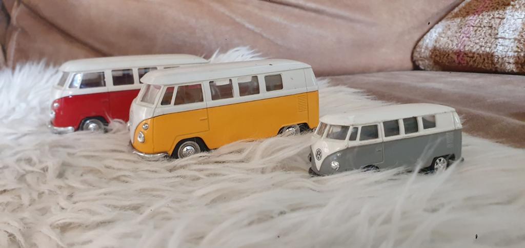 Set van 3 miniatuur VW busjes - Rood, Geel, Grijs, Ophalen of Verzenden, Gebruikt