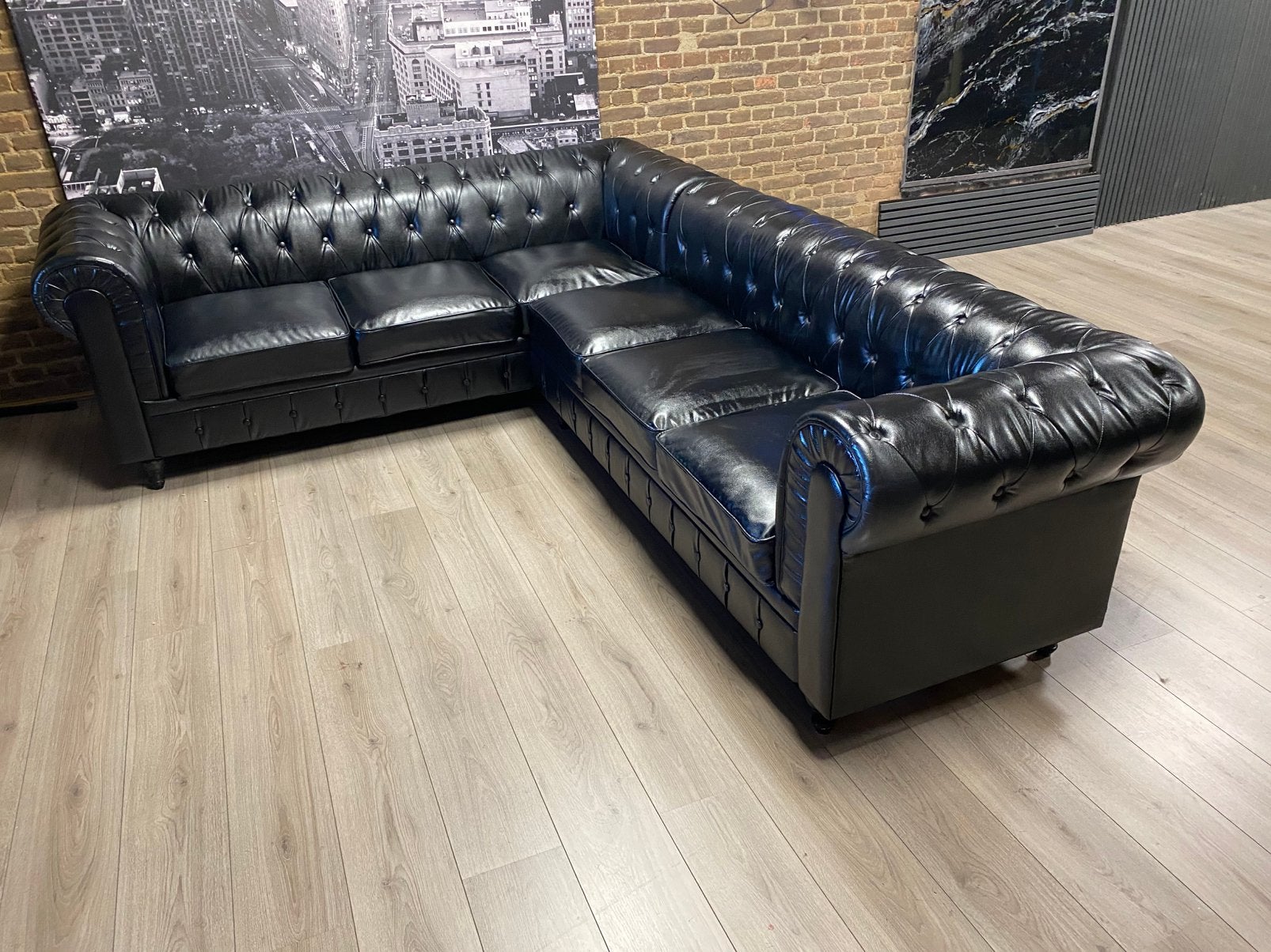 Nieuwstaat !!! Chesterfield zwart leren hoekbank, Ophalen, Overige maten, 300 cm of meer, Zo goed als nieuw