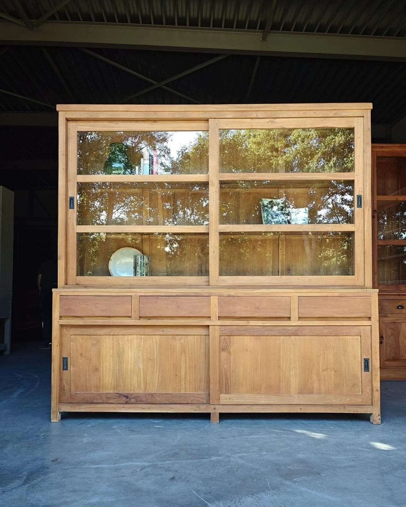 Teakhouten schoolkast | Strakke teak vitrinekast #7217, Huis en Inrichting, Gebruikt, -, 200 cm of meer, -