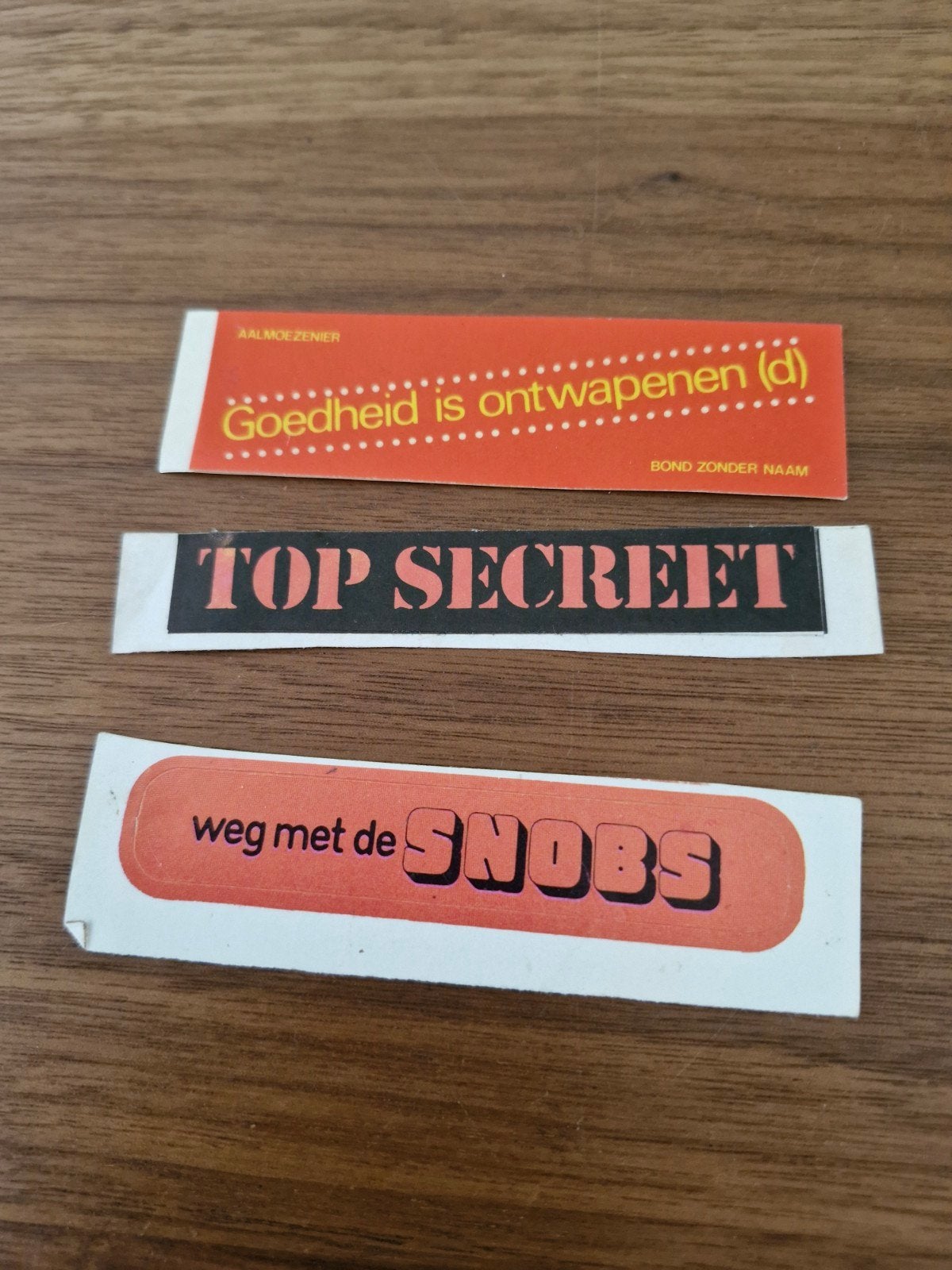 9638 stickers: Goedheid, Top Secreet, Weg met de Snobs, Ophalen of Verzenden, Gebruikt