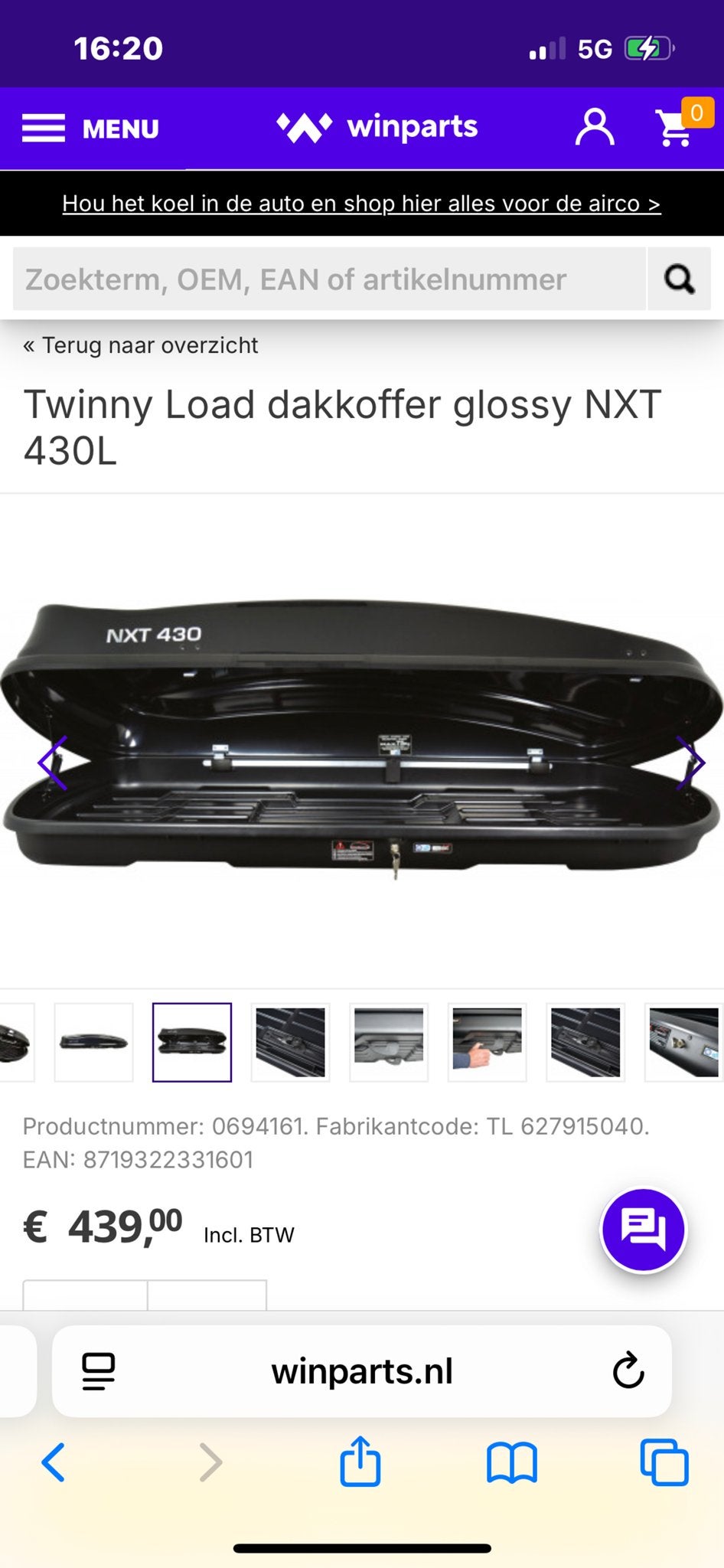 Dakkoffer 430L met dakdragers Mercedes A250, Ophalen, Gebruikt
