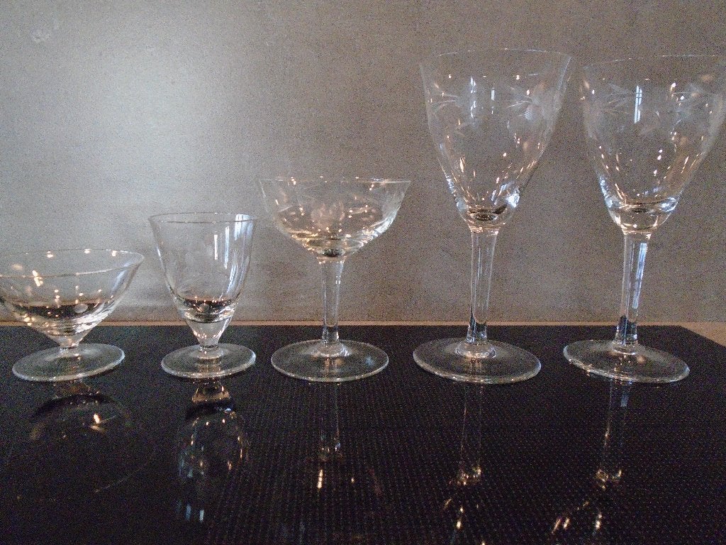 Collectie/Serie Vintage Kristal Glazen met gravure - 5 stuks, Ophalen of Verzenden