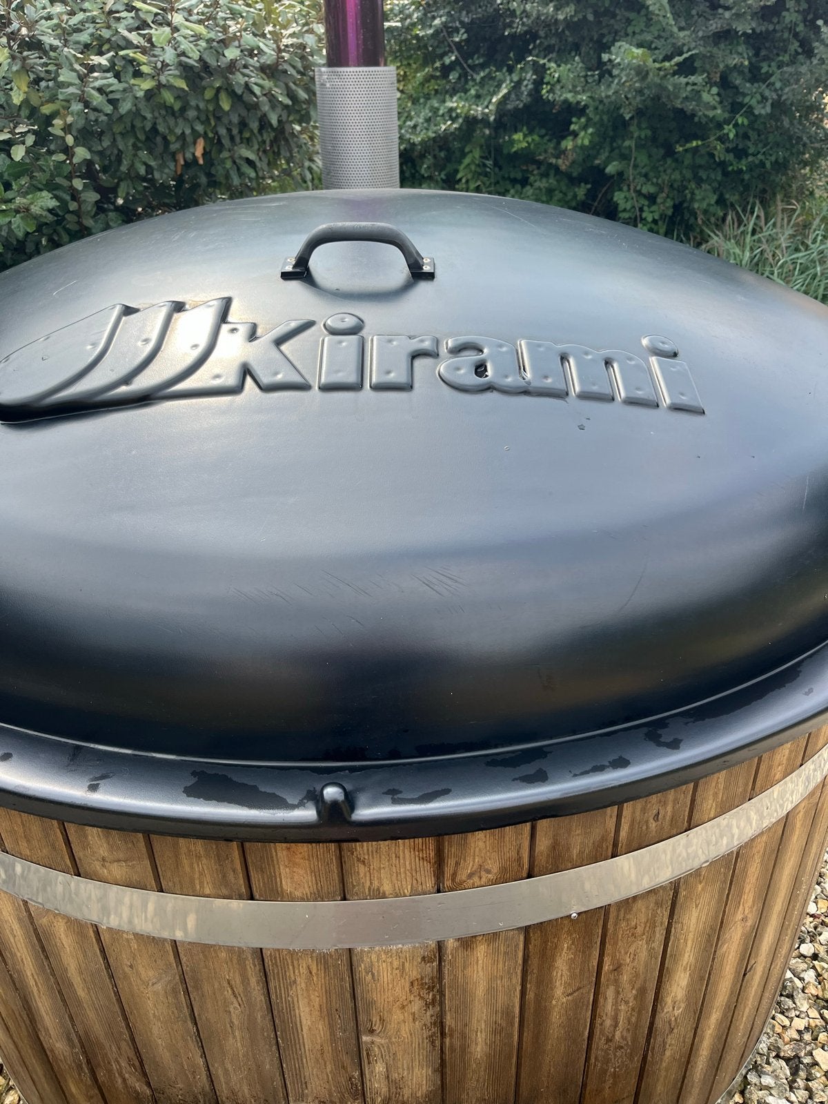 Kirami Hottub met externe houtkachel en trap, Ophalen, Zo goed als nieuw