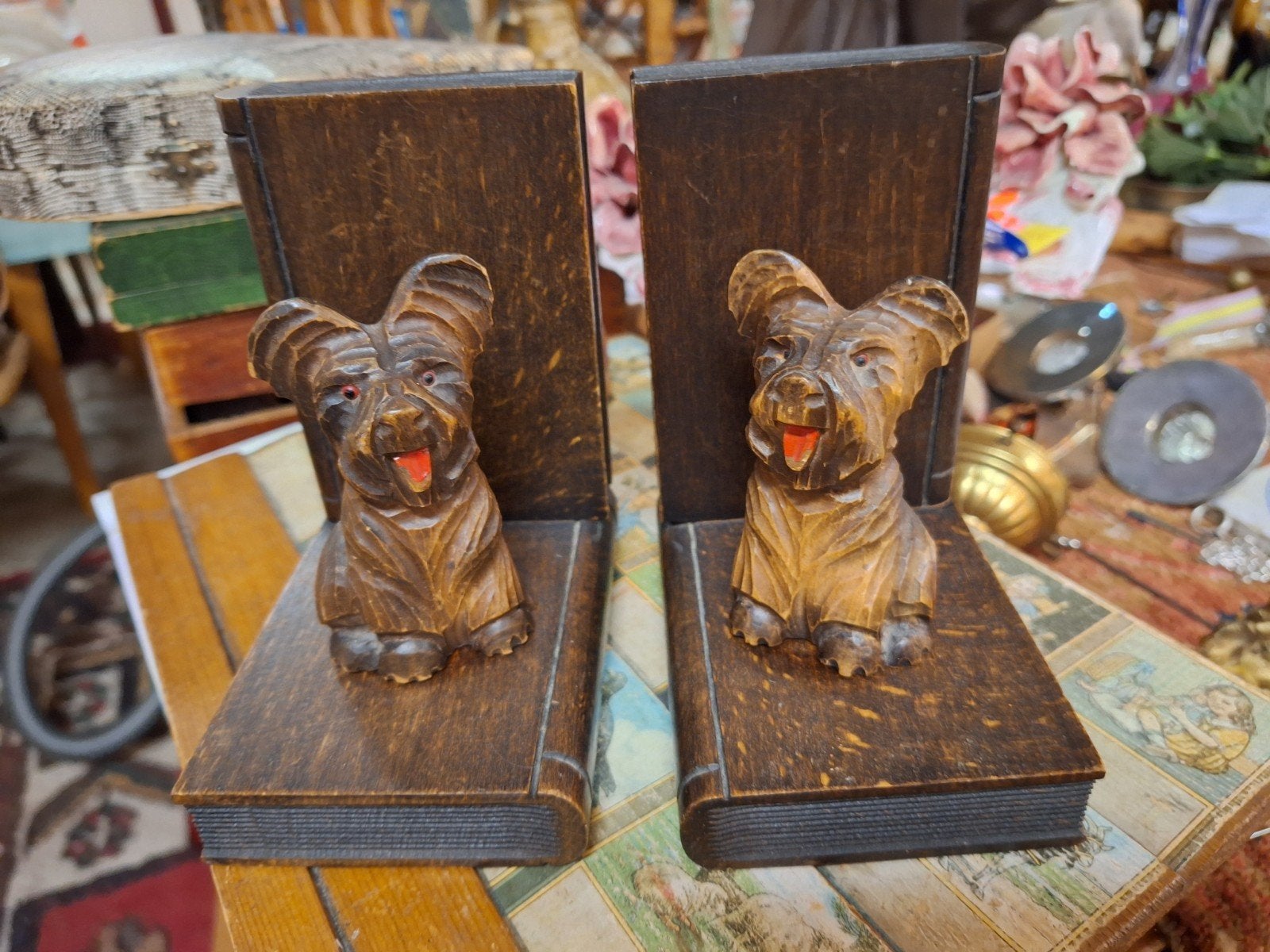 Vintage Scotty Dog Boekensteunen - Houtsnijwerk, Ophalen of Verzenden