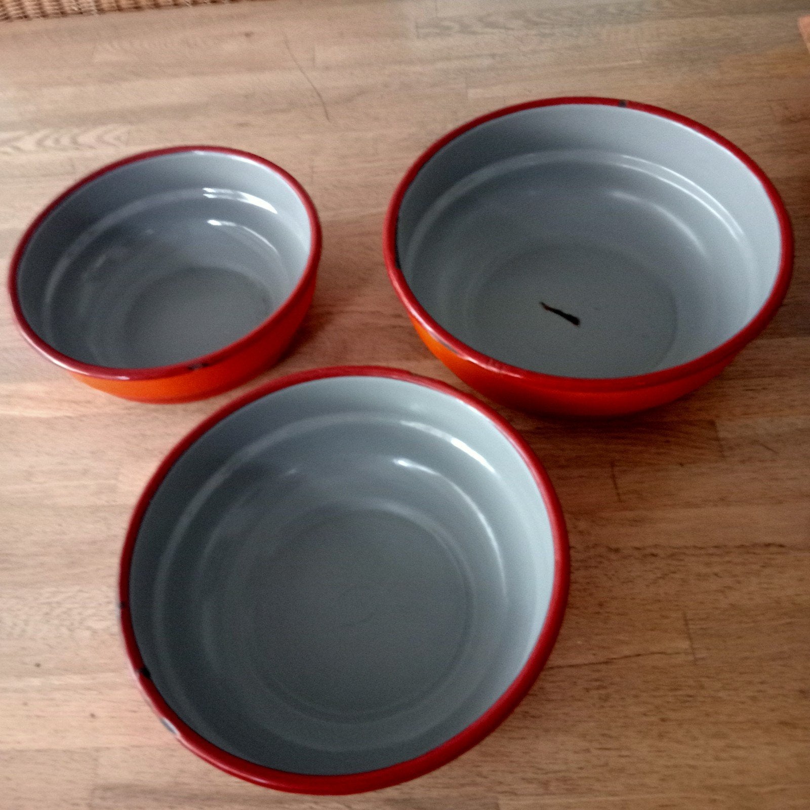 Set van 3 vintage emaille kommen - Oranje/Grijs, Ophalen of Verzenden
