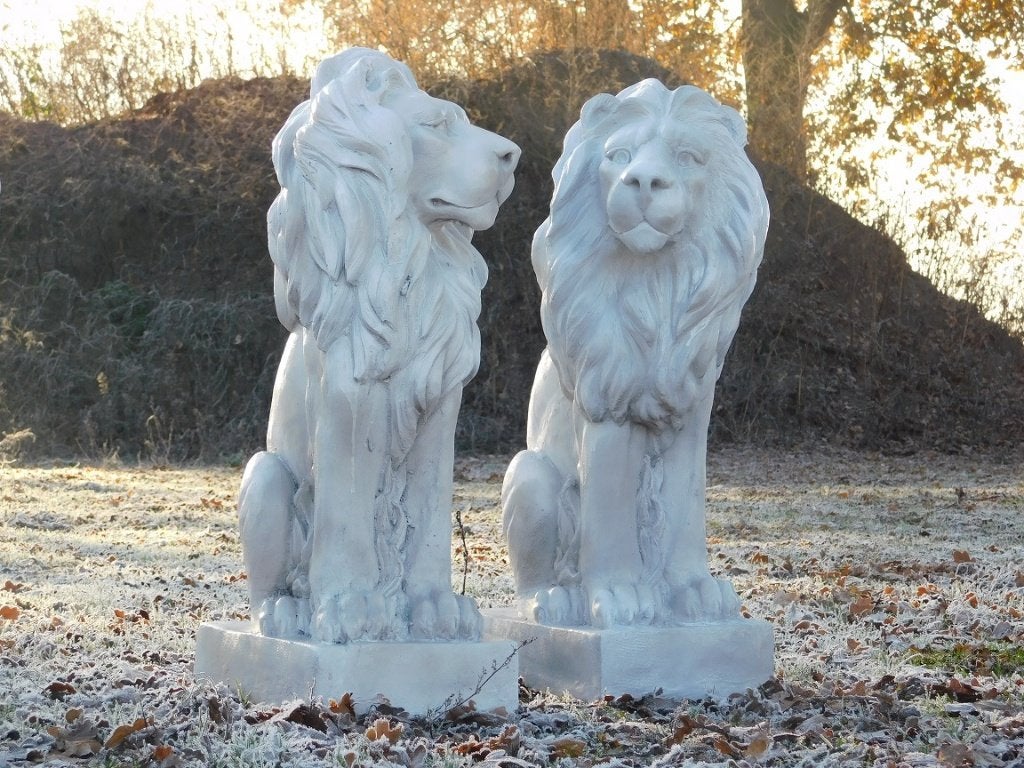Set leeuwen - links en rechts kijkend - polystone wit, Dierenbeeld, Kunststof, ., Ophalen of Verzenden