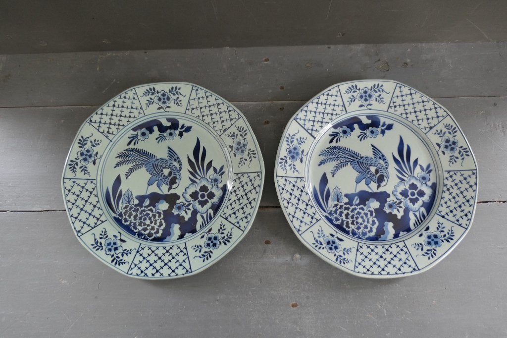 Boch La Louvière antieke borden blauw grijs vogel bloemen, Verzenden