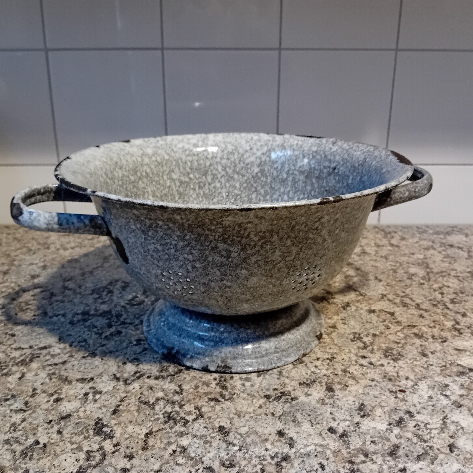 Vintage emaille vergiet - Grijs gespikkeld, Antiek en Kunst, Ophalen of Verzenden