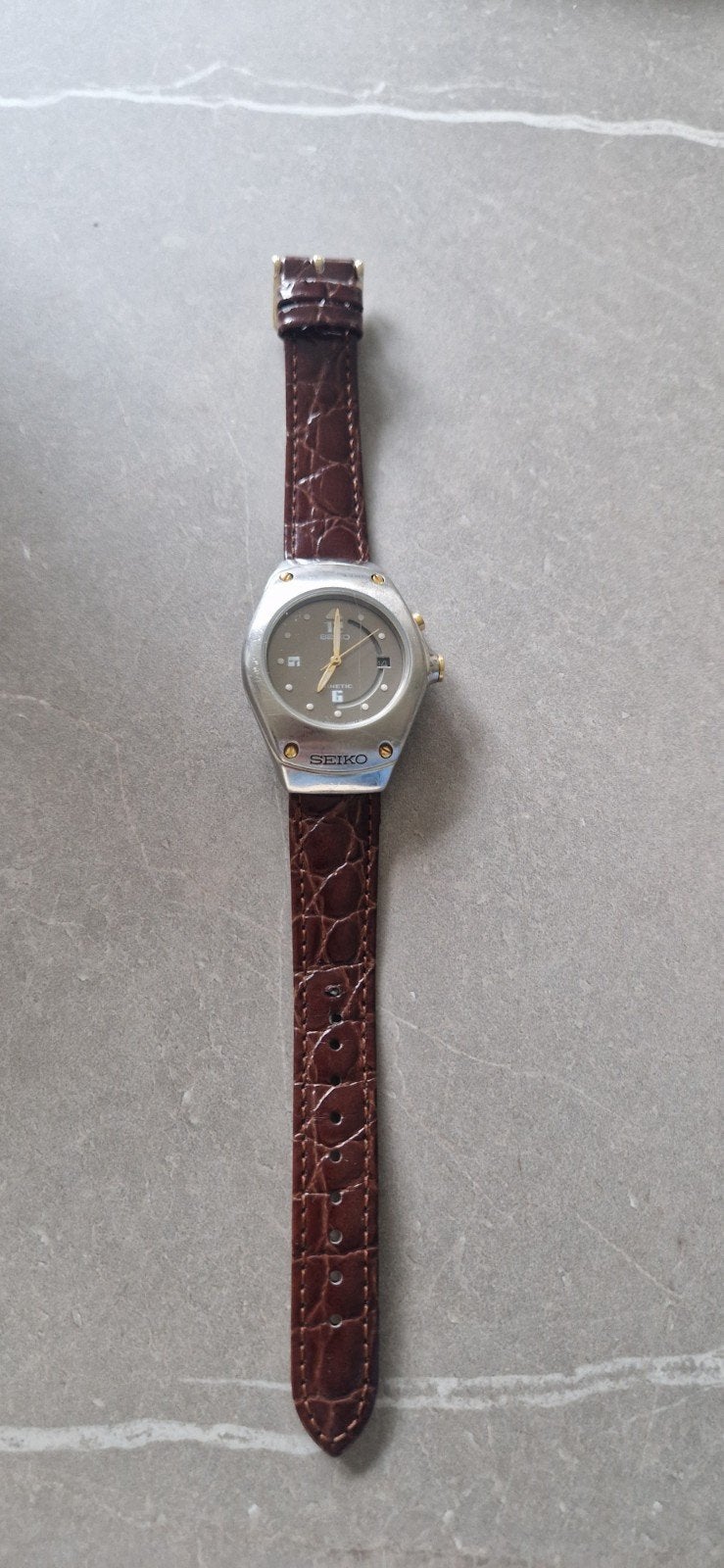 Seiko Kinetic dameshorloge met Bruine Leren Band, Seiko, Staal, Polshorloge, Ophalen of Verzenden