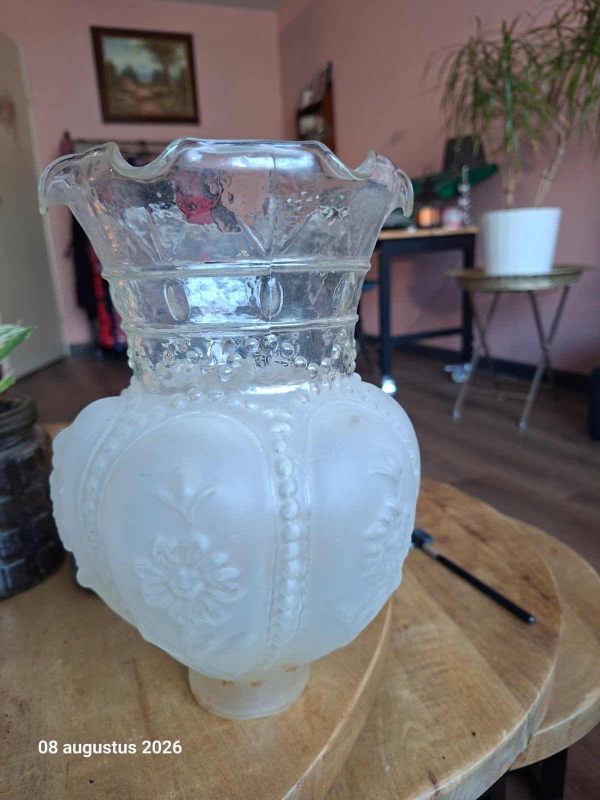 ruilen voor plant, antieke glazen lampenkap, melkglas met bl, Antiek en Kunst, Ophalen of Verzenden