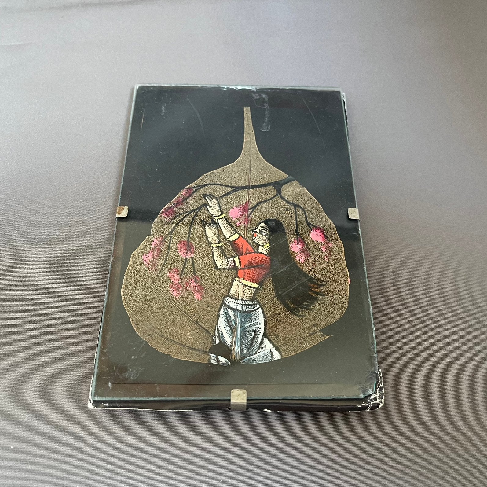 Vintage Indiase Miniatuur Schildering op Bodhi-blad, Ophalen of Verzenden
