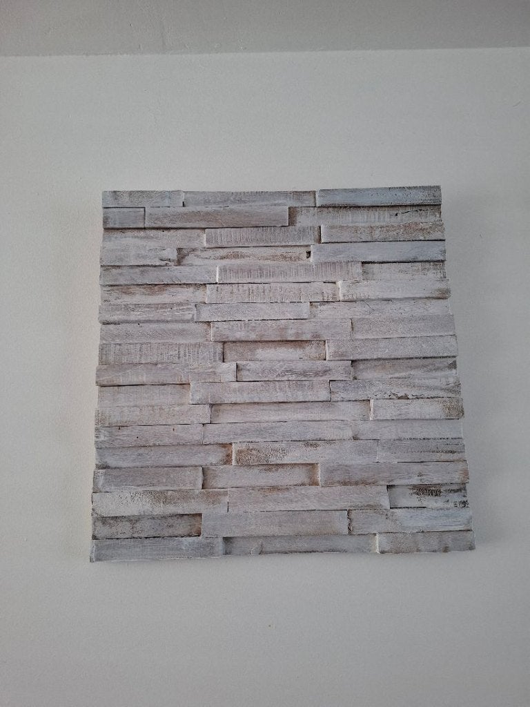 teakhouten wandpaneel white wash 53x53, Hout, Zo goed als nieuw, Wandbord of Wandpaneel, Wit