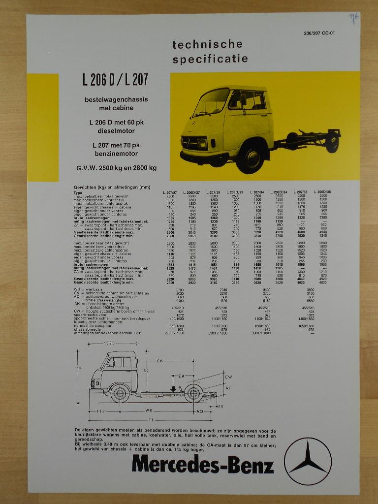 Mercedes 206 207 Technische Specificatie folder 1975 206D, Zo goed als nieuw, Mercedes-Benz, Mercedes, Ophalen of Verzenden