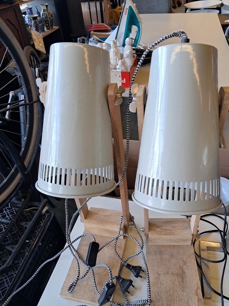 2 Tafellampen Hout Metaal Bureaulamp Paar  CS27369, Ophalen, Bureaulamp, Gebruikt, Overige merken