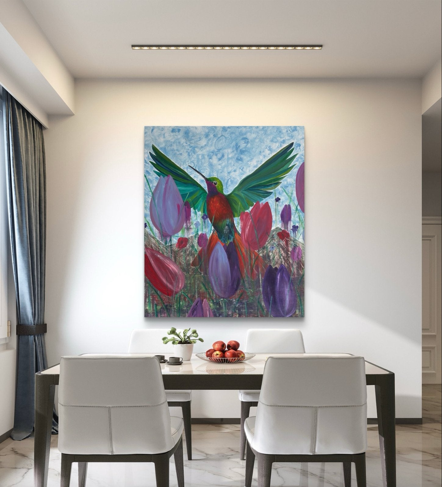 Handgemaakt olieverf schilderij kolibrie en tulpen 120x100cm, Ophalen of Verzenden