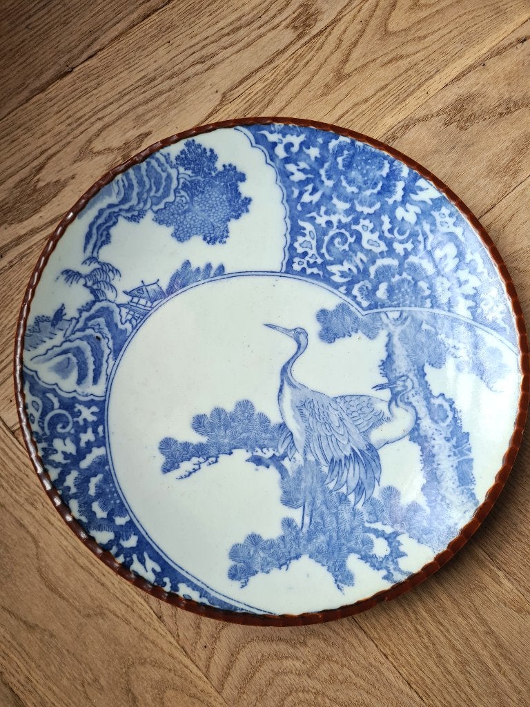 Groot Antiek Japans Igezara Bord 'Kraanvogels' Meiji – 31 cm, Ophalen of Verzenden