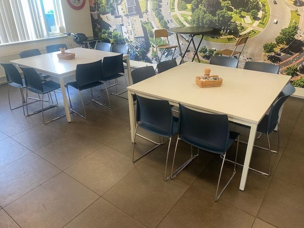 NETTE Kantineset - tafel met 8 Pantra Sting kunststof stoele, Huis en Inrichting, Ophalen, Gebruikt, Kunststof, Vijf, Zes of meer stoelen