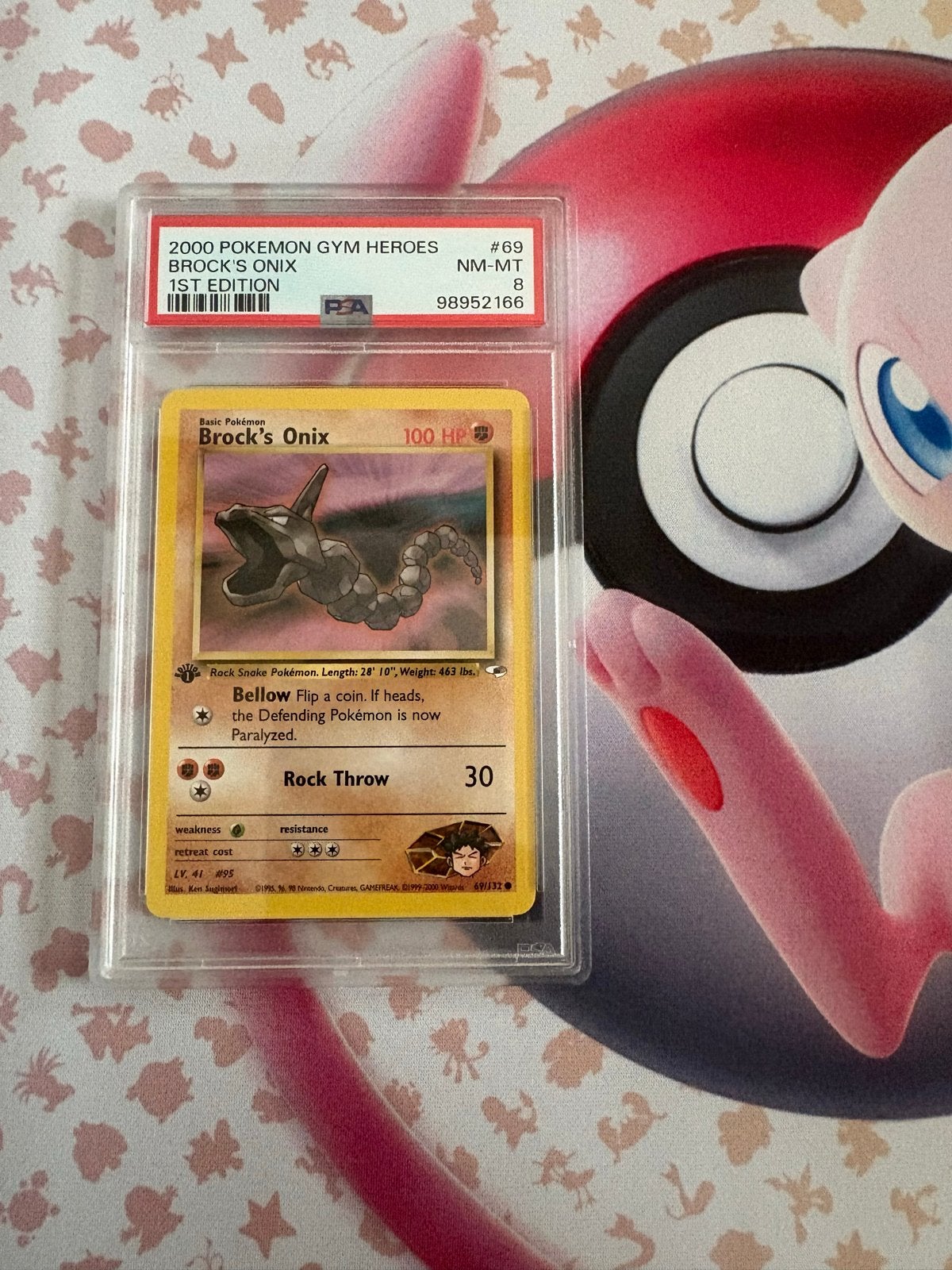 Brock's Onix 1st Edition PSA 8 Pokémon Gym Heroes, Ophalen of Verzenden, Zo goed als nieuw, Losse kaart