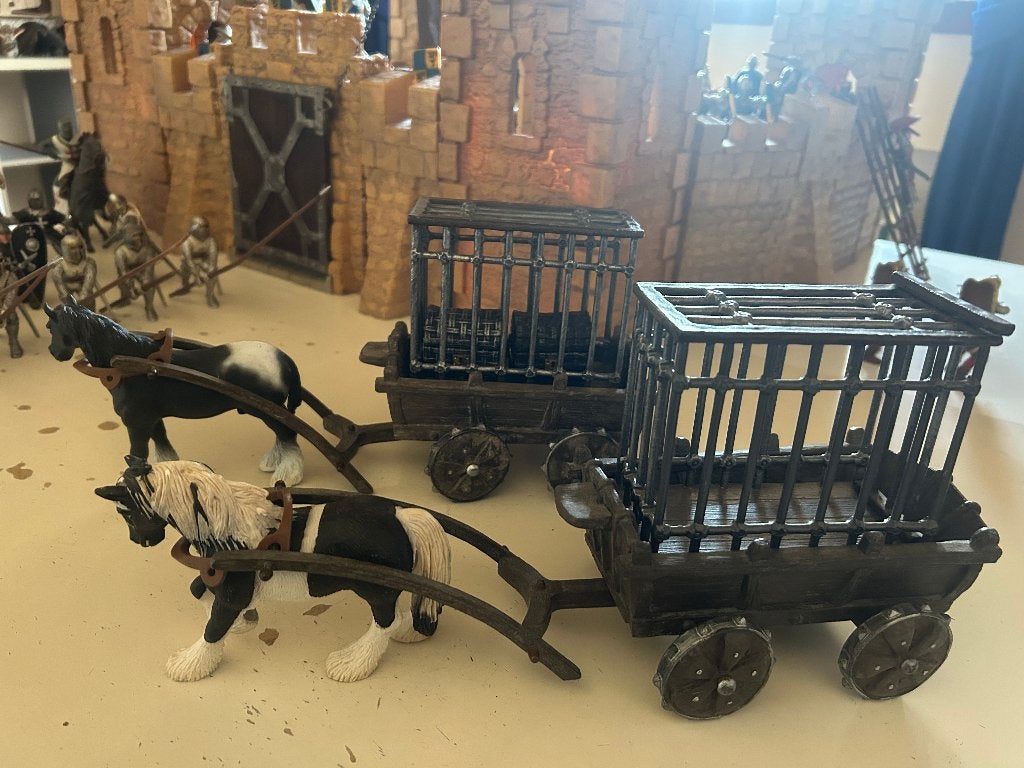 2x Schleich middeleeuwse kar en paard ridder en kasteel, Ophalen of Verzenden, Gebruikt