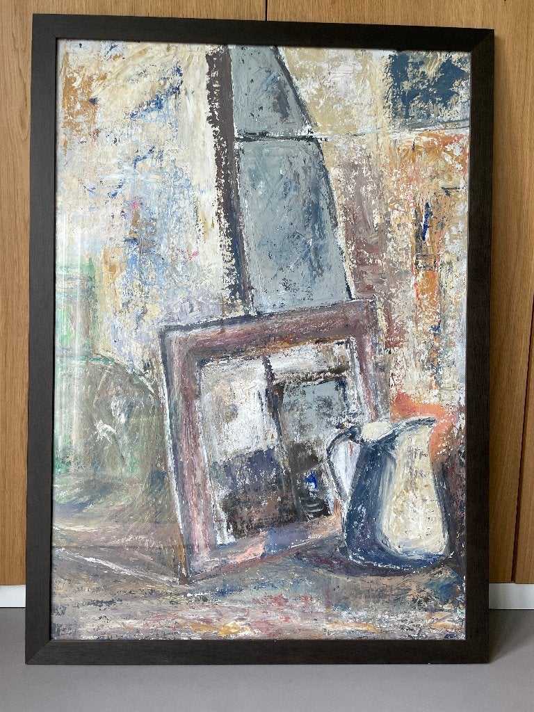 Groot stilleven in pasteltinten, ingelijst., Antiek en Kunst, Pastel, Stilleven, Glas, Ophalen of Verzenden