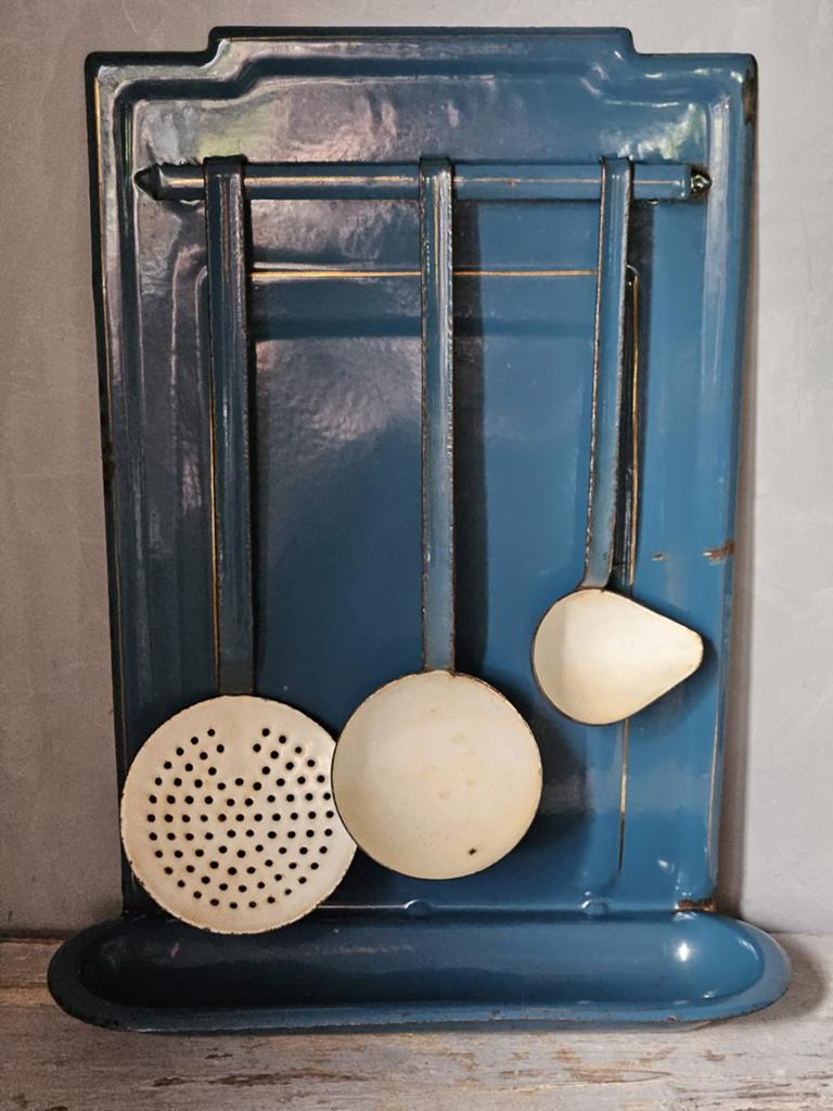 Emaille petrol bleu lepelrek met gouden biesje, Ophalen of Verzenden